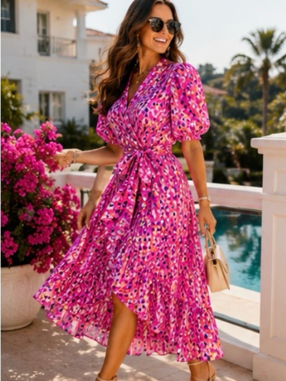 Lilly Pulitzer Juney Faux Wrap Midi Dress | Wild Fuchsia | Puff Sleeve | 6